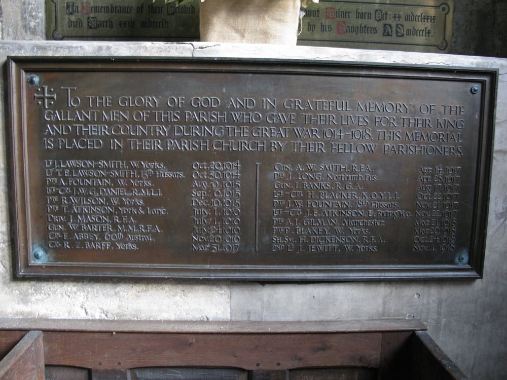 Detail of war memorial inside Bolton Percy church