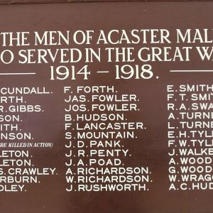 War memorial plaque in Acaster Malbis Memorial Hall