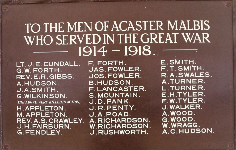 War memorial plaque in Acaster Malbis Memorial Hall